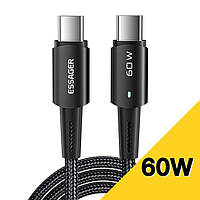 Шнур/кабель/дріт для швидкого заряджання 60W з Type C на Type C для SAMSUNG/HUAWEI та ін. 1 метр ESSAGER чорний