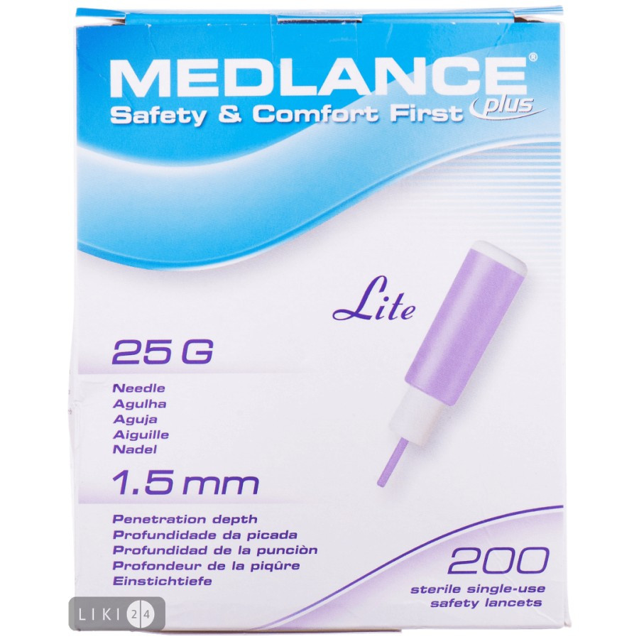 Ланцет безпечний Medlance plus Lite одноразовий, стерильний, голка 25G з глибиною проникнення 1.5 мм, 200 шт.