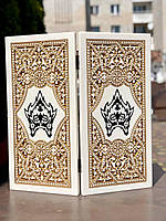 Розкішні нарди із білого акрилового каменю із зображенням Вовка із золотим малюнком 60*30*5 см, арт.190612