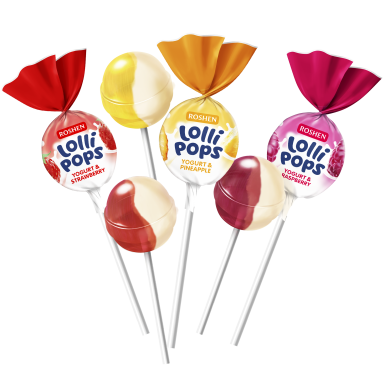 Карамельні цукерки на паличці Roshen LolliPops з йогуртовими смаками 300 грамів