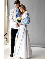 Вышитое белое платье с голубым узором