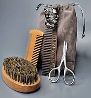 Набор аксессуаров по уходу за бородой и усами щетка + деревянный гребень + металлическая расческа + ножницы