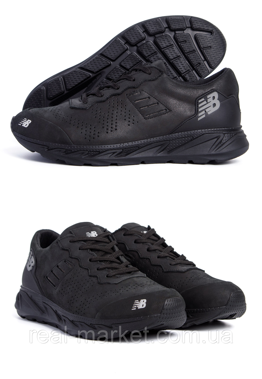 Осінні Весняні чоловічі шкіряні кросівки New Balance (Нью Беленс) чорні зручні з натуральної шкіри на осінь взуття *NB1 черн*