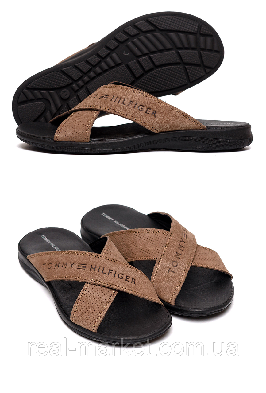 Літні чоловічі шкіряні шльопанці Tommy Hilfiger, бежеві класичні тапочки з натуральної шкіри *Літо 12*