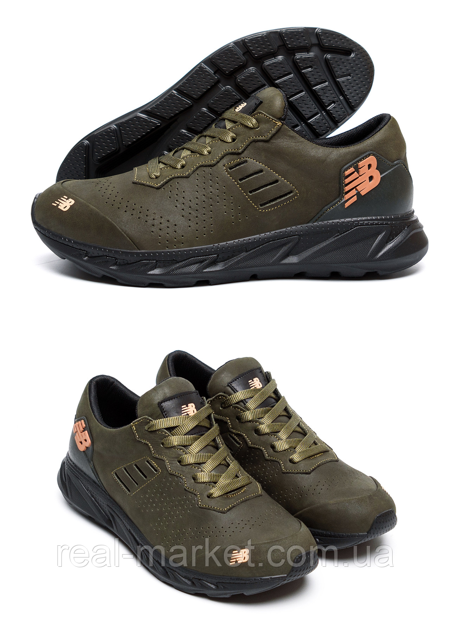 Осінні Весняні чоловічі шкіряні кросівки New Balance (Нью Беленс) спортивні хакі з натуральної шкіри на осінь взуття *NB1 ол*