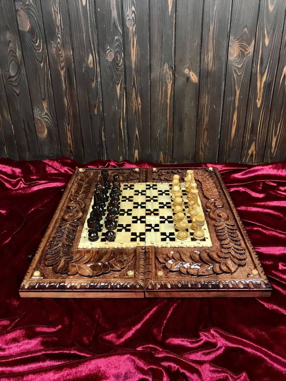 Шахи, шашки і нарди 3в1 ручної роботи з дерева із зображенням Козаків, 55*25*7 см, 191403. Різьблені шахи