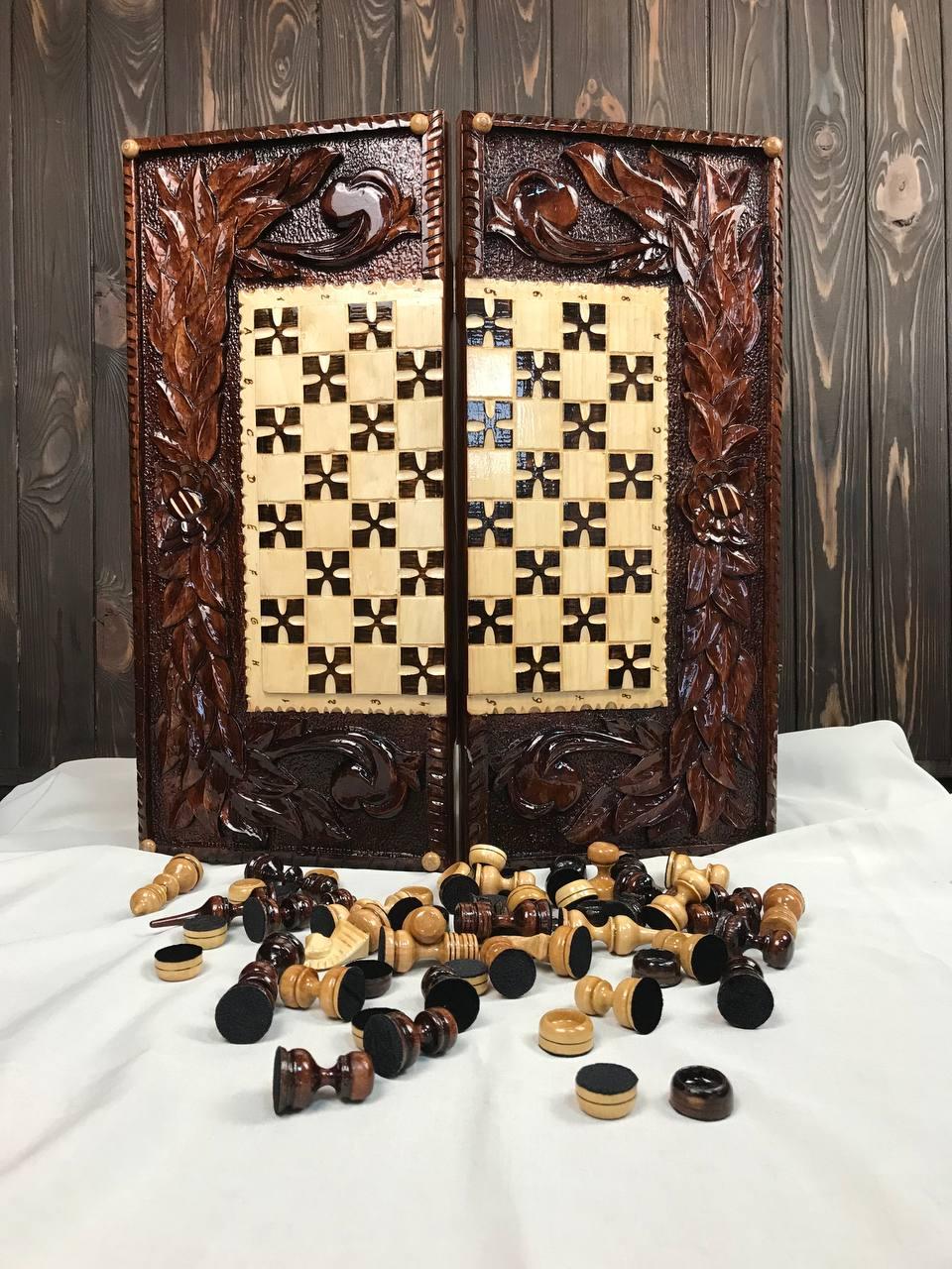 Дерев'яні шахи, шашки, нарди 3в1 ручної роботи, 54*25*7 см, 191404
