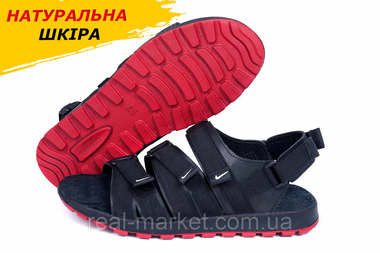 Літні чоловічі шкіряні сандалі-босоніжки Nike чорні спортивні з натуральної шкіри на літо взуття *Nike черн.*, фото 1