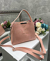 Жіноча сумка крос-боді невелика сумочка через плече стильна пудрова замша+шкірзам
