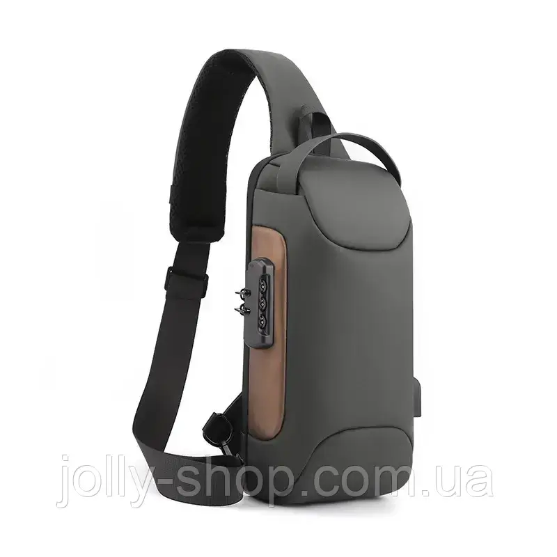 Сумка чоловіча слінг-сумка на плече сумка-рюкзак USB барсетка 33*17*9см сіра (5-0070)