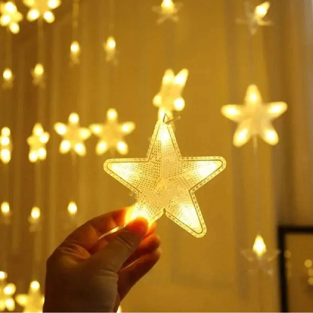 Гірлянда світлодіодна штора 3 м, 220В, 10 фігурок "Ялинки-Зірки", 100 LED, Теплий білий / Гірлянда штора, фото 1