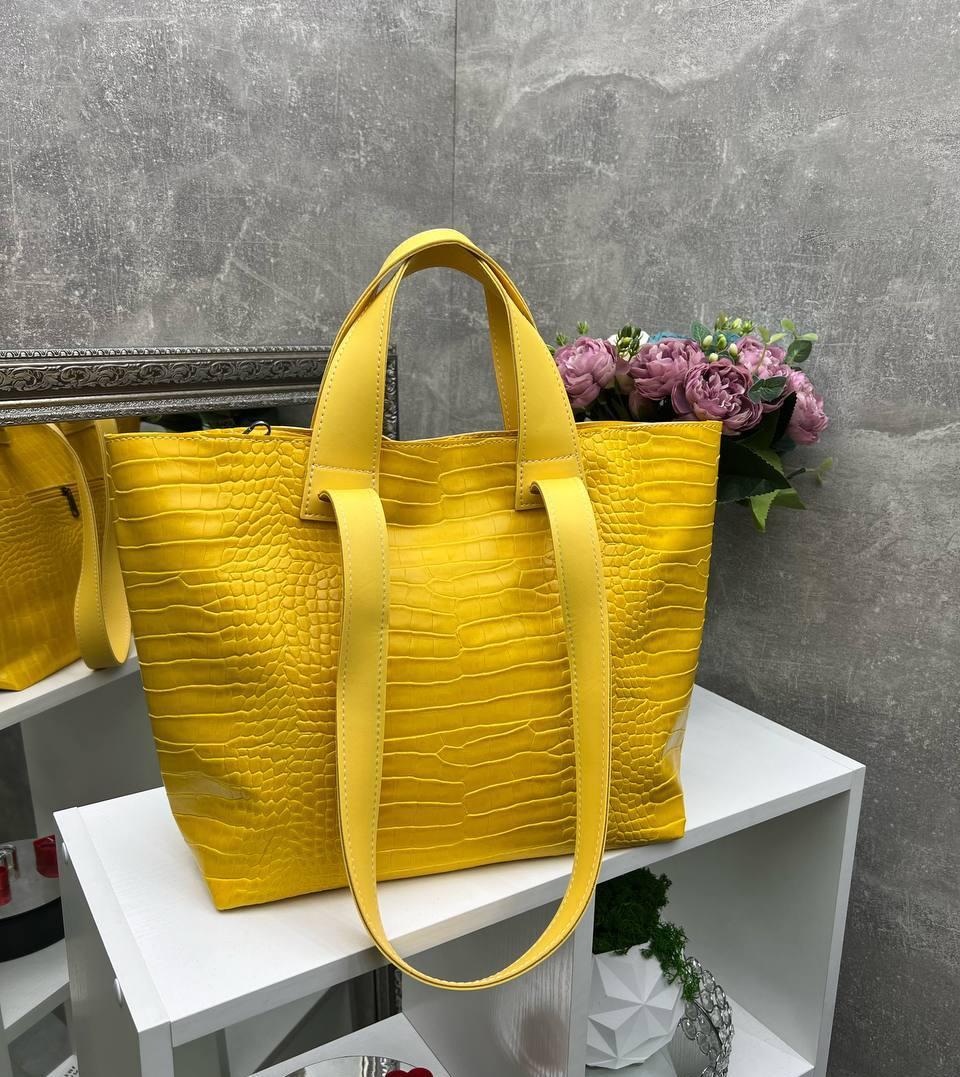 Жіноча сумка велика містка шоппер стильна жовта екошкіра рептилія