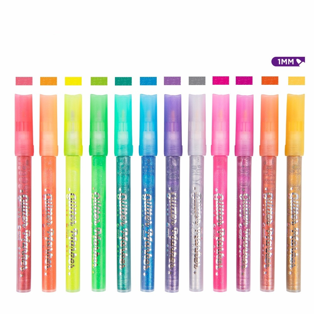 Набор маркеров с глиттером 12 шт разноцветные, фломастеры блестящие для рисования блестками - фото 2 - id-p1823225569