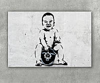Картина Ребенок на полицейском шлеме Бэнкси Уличный арт Граффити Полиция Дети Черно-белый арт Минимализм 60x40