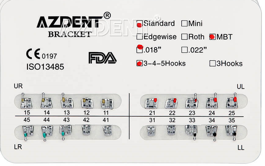 Металеві брекети  Azdent, Standart, MBT, 0.18", hooks 3-4-5, 20 шт.