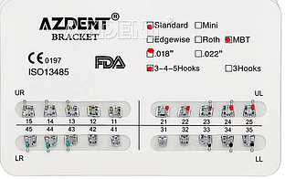 Металеві брекети  Azdent, Standart, MBT, 0.18", hooks 3-4-5, 20 шт.