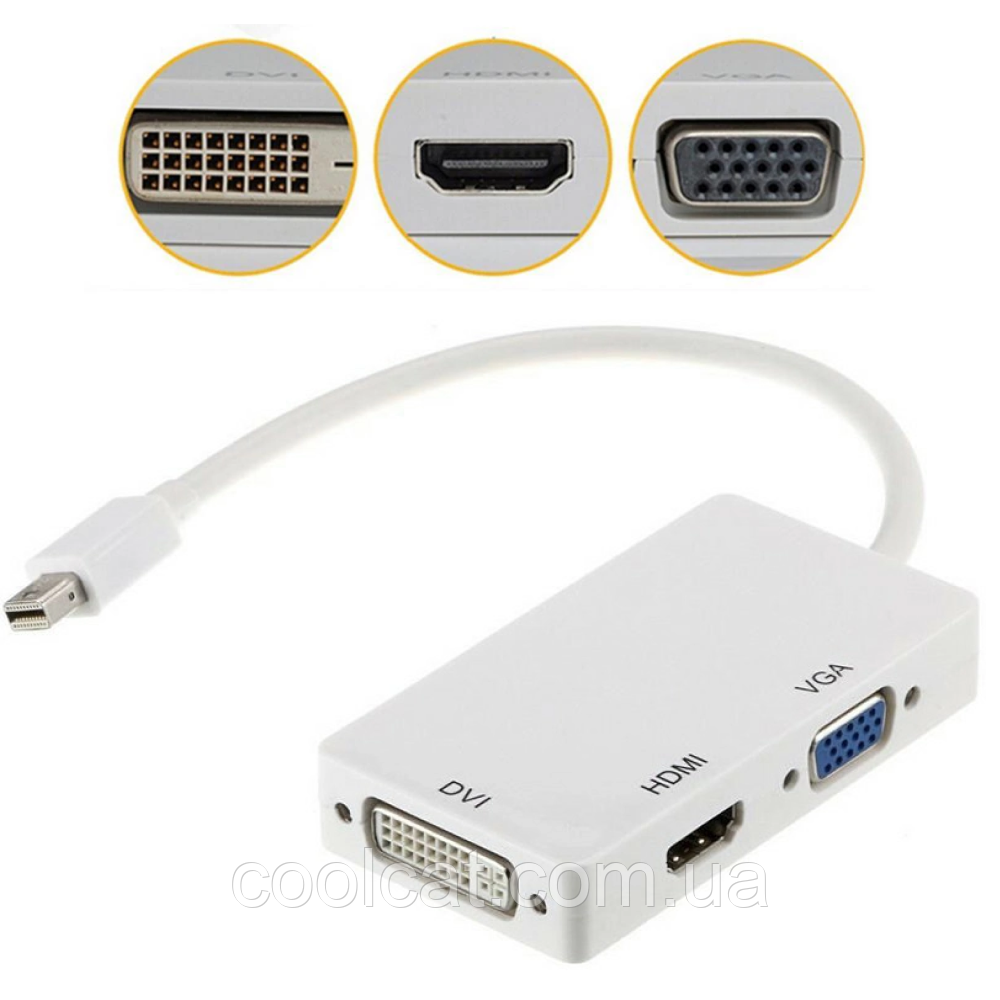 Конвертер адаптер 3в1 Mini DisplayPort на HDMI, DVI, VGA / Переходник на HDMI 4K/2K / Преобразователь 3в1 - фото 1 - id-p1807568536