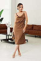 Платье женское коричневое шелковое миди в бельевом стиле