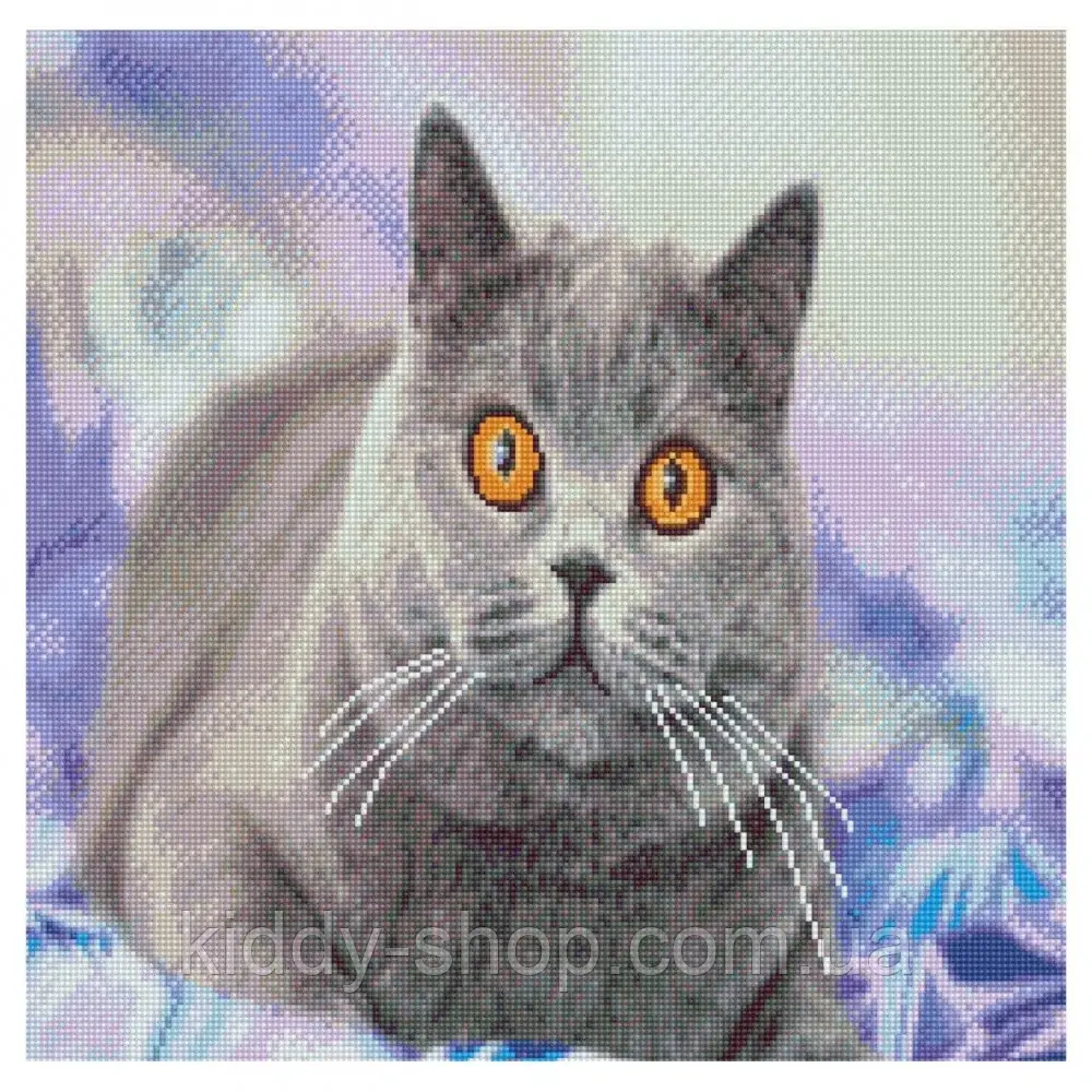 Алмазна вишивка Сірий кіт, 50х50 см, на підрамнику