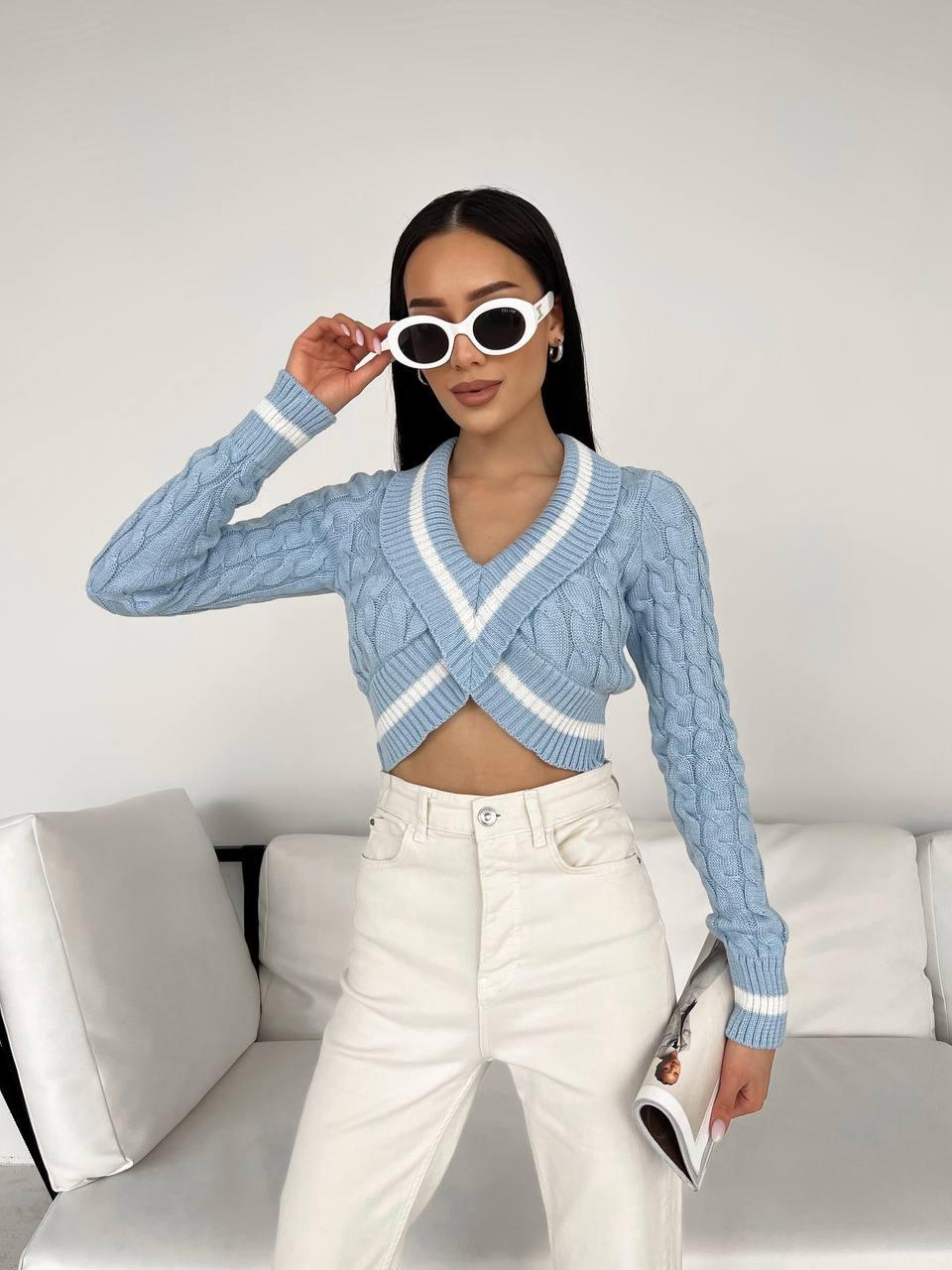 В'язаний укорочений топ з бавовни з V-подібним вирізом, фото 1