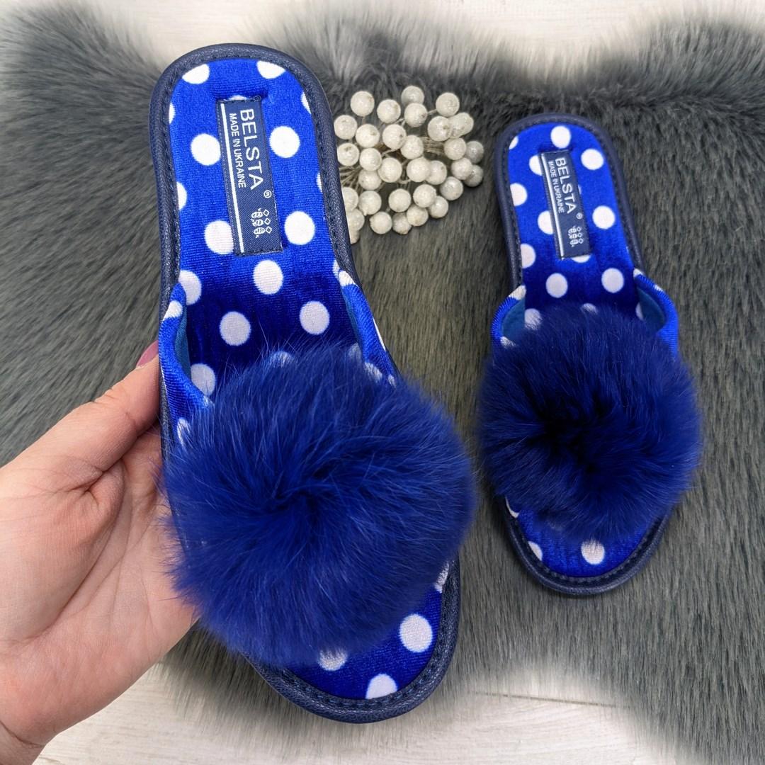 Тапочки жіночі Белста сині в горох на танкетці відкритий носок 4093