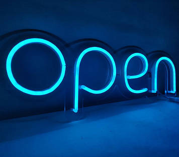 Неонова Led вивіска OPEN блакитна (відкрито) 40х13 см з пульом та блоком живлення