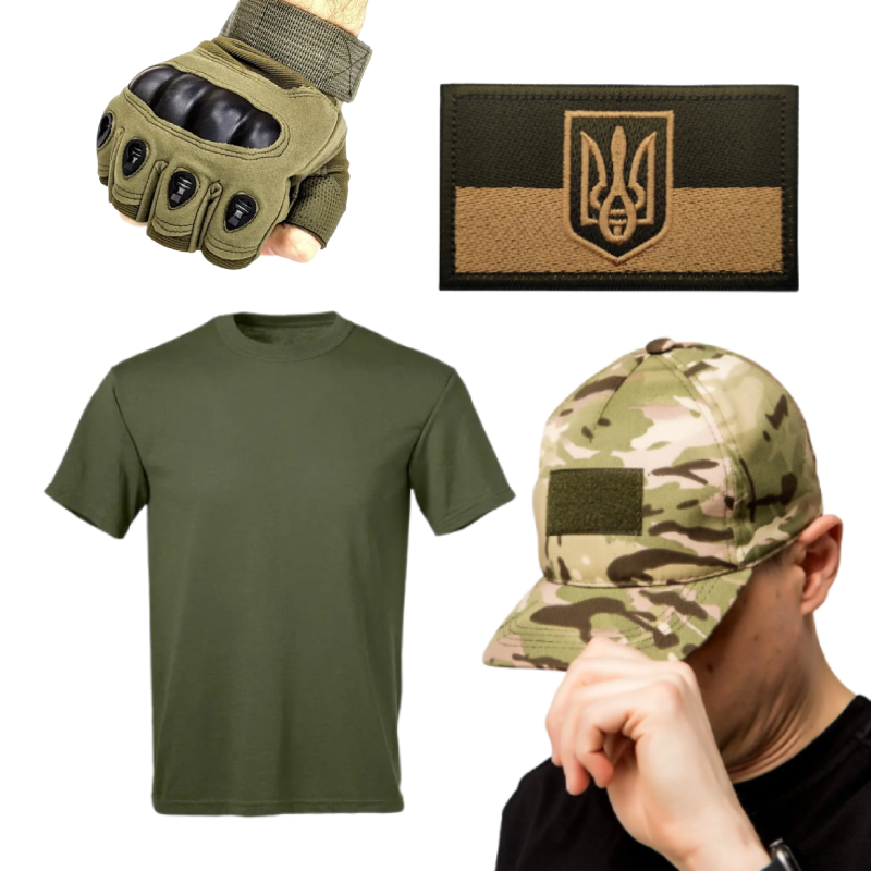 Тактичний набір 4 в 1: Футболка кольору хакі + Кепка піксель + шеврон + Рукавички | Tactic ЗСУ, фото 1