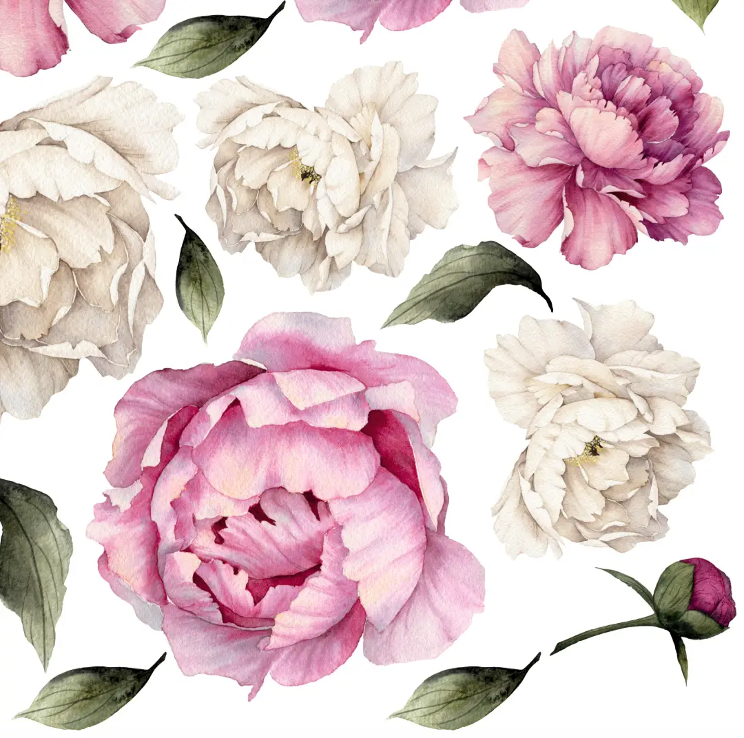 Набір вінілових міні наклейок Акварельні біло-рожеві півонії від 10 до 20 см наклейки квіти матова