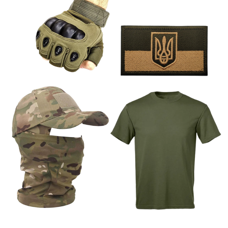 Тактичний набір 5 в 1: Футболка кольору хакі + Кепка піксель + Шеврон + Рукавички + Балаклава піксель | Tactic ЗСУ, фото 1