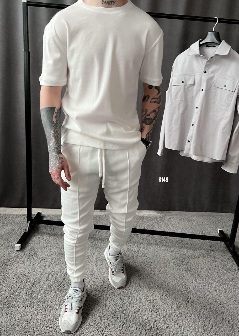 Чоловічий базовий костюм: футболка + штани (білий) k149 якісний повсякденний спортивний одяг для хлопців top, фото 1