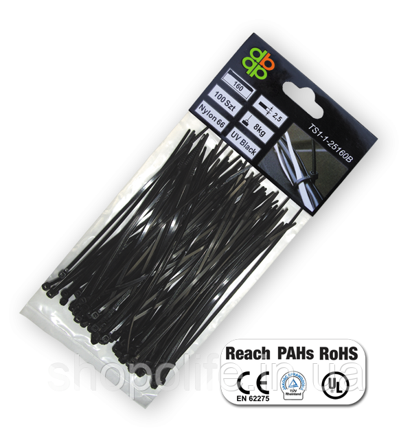 Стяжки кабельні пластикові роз'ємні 7,6x200мм UV BLACK, TS1276200B Shopolife, фото 1