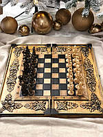 Деревянные шахматы, оформлены ручной резьбой, 68*32 см, арт.191103