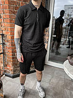 Мужской базовый костюм: футболка+шорты (черный в полоску) к130 качественная повседневная спортивная одежда