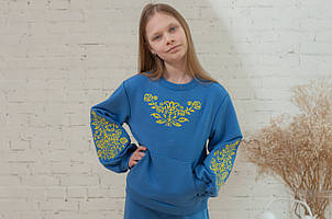 Блакитний світшот-вишиванка для дівчинки з українською вишивкою жовтого кольору р. 104-170