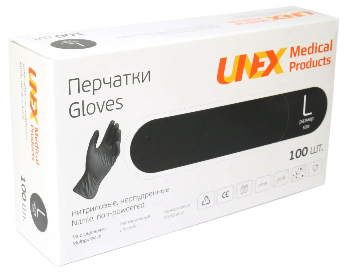 Перчатки нітрилові UNEX медичний, неопудринні, діагностовані, чорні, розмір L, 100 шт. (50 пар) - фото 1 - id-p1613315476