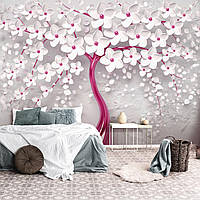 Триде флизелиновые фотообои 368x254 см 3D Розовое дерево с белыми цветами (14233V8)+клей