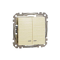 Двоклавішний вимикач з синьою LED підсвіткою, Sedna Design & Elements, Береза - імітація дерева, SDD180105L, Schneider Electric