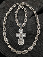 Серебряный 925 православный комплект c чернением крест и цепь с филигранными звеньями