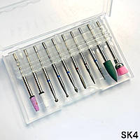 Набор (10 шт./уп) алмазных и корундовых насадок + силиконовая насадка для ногтей и щетка для очистки фрез-SK4