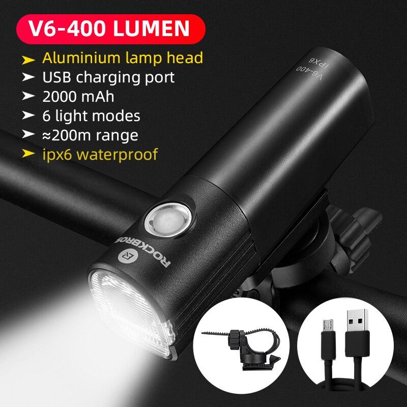 Велосипедний ліхтар ROCKBROS V6-400 (400LM, 2000mAh акумулятор, Cree XPL, USB, IPX6, 6 режимів)