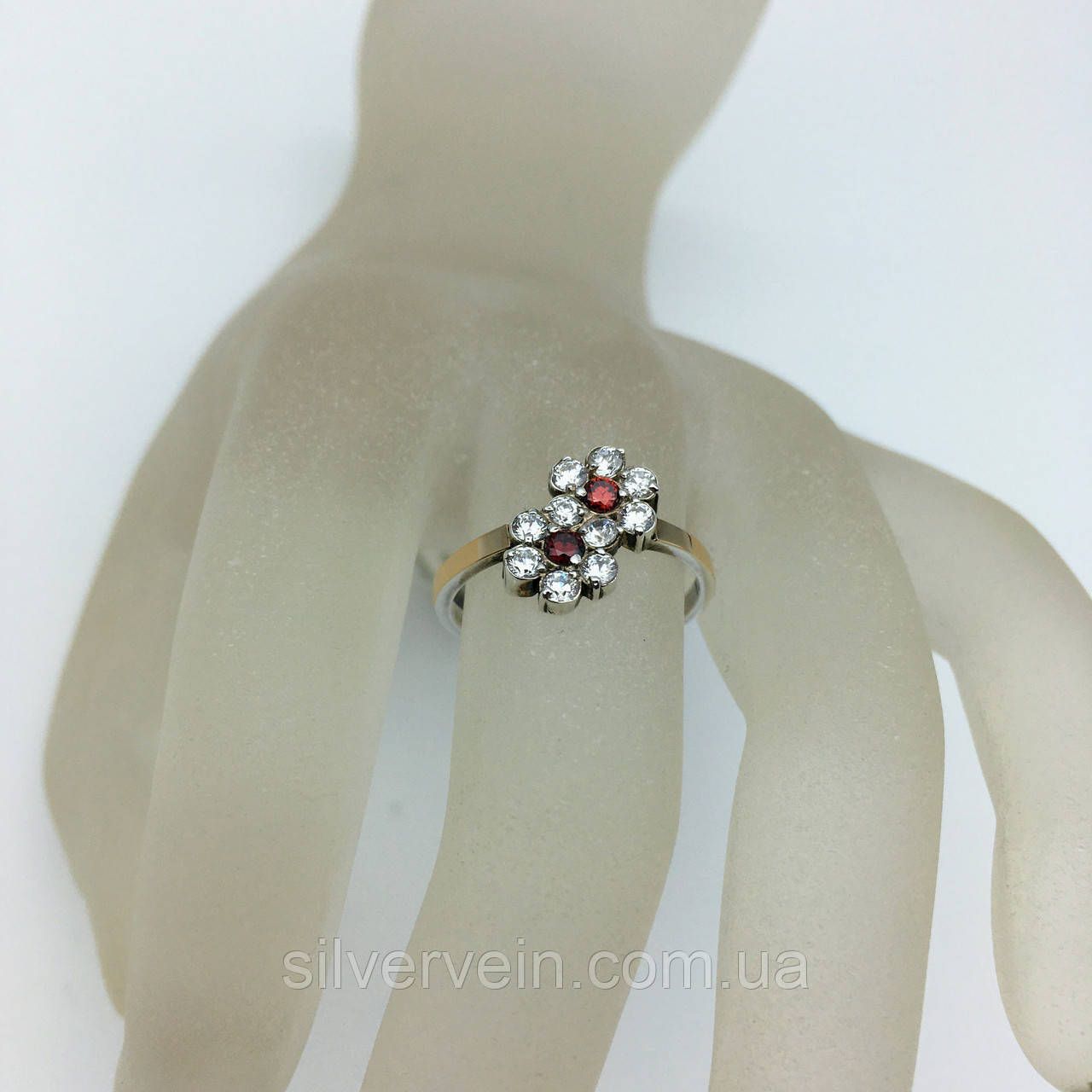 Срібне кільце з золотими пластинами, Фіаніт, фото 1