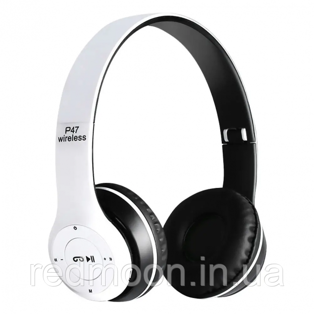 Бездротові Bluetooth-навушники P47 з мікрофоном, радіо і MP3 плеєром, Білі / Накладні навушники
