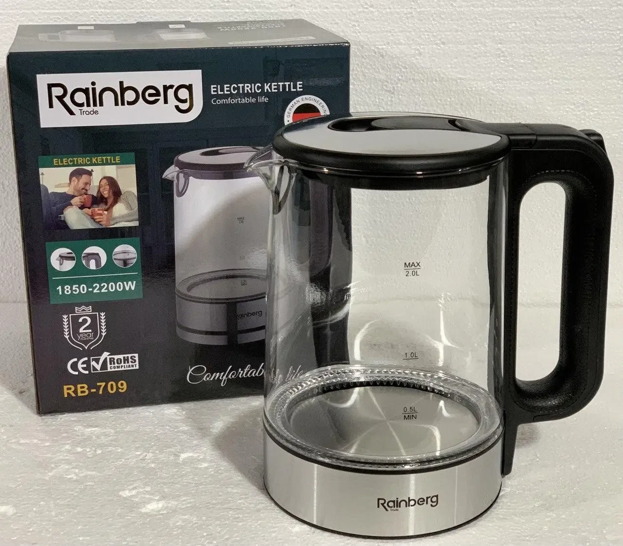 Електричний скляний чайник Rainberg RB-709 2 л / скло / 2200 W, фото 1