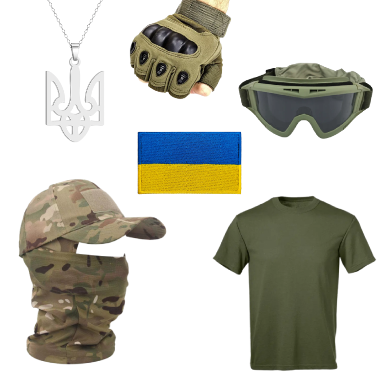 Тактичний набір 7 в 1: Футболка кольору хакі + Кепка піксель + Шеврон + Рукавички + Балаклава + Окуляри + Кулон | Tactic ЗСУ, фото 1