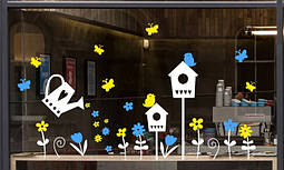 Наклейка на вікно (вітрину, скло, дзеркало) "Жовті та сині квіти, метеликів, птахів. Лійка. Шпаківні"