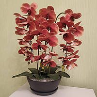 Искусственная латексная орхидея VIP в керамическом кашпо цвета антрацит на три ветки персиковая