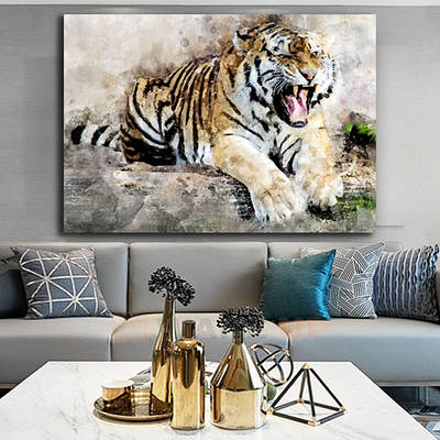 Картина в спальню, картина панно, фотокартини для інтер'єру, декор для вітальні, подарунок подрузі Angry tiger 70х50 см