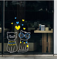 Наклейка на вікно (вітрину, скло, дзеркало) "Патріотичні коти. Жовті та сині серця"