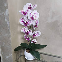 Искусственная латексная орхидея VIP в белом керамическом кашпо на одну ветку бело-сиреневая