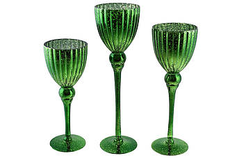 Набір (3 шт) скляних свічників Хвиля, 30/35/40см, колір - Різдвяний зелений